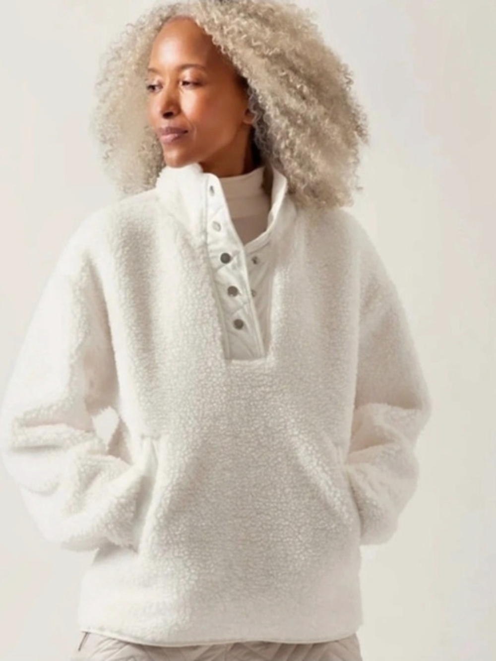 Athleta Cozy Sherpa Snap Pullover Sweatshirt Magnolia White Women Small
